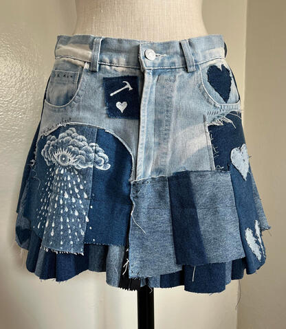 CryBaby skirt - was a pair of pants that didn't fit well and had some a botched bleaching job, so I turned them into a skirt with the help of a few other shades of jean in my scrap bin